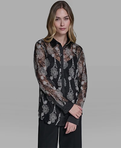 Karl Lagerfeld Paris Women's Lace Print Collared Top