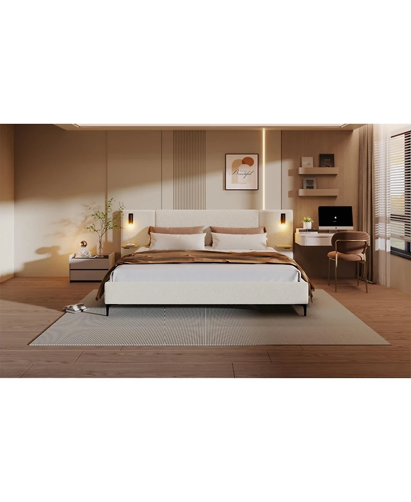 Streamdale Furniture Queen Chic Boucle Upholstered Bed with Integrated Lights and Shelves