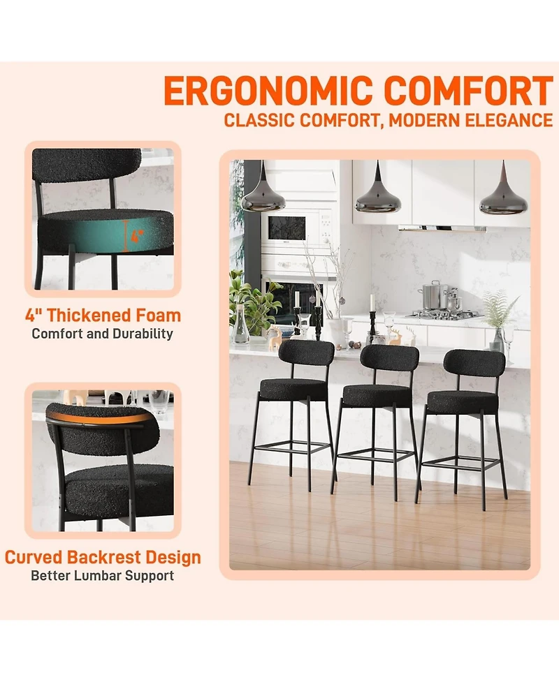 Dyhome Bar Stools Set of 3, 28 Inches Modern Counter Height with Curved Back Metal Legs, Upholstered Tall Barstools for Kitchen Island, Caf