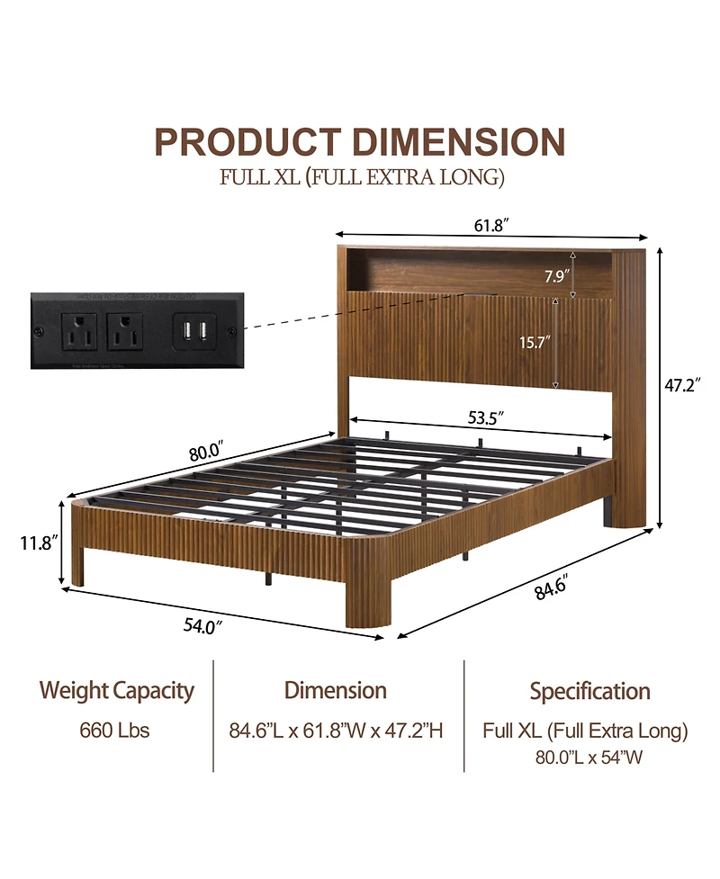 Streamdale Furniture Full Xl Bed Frame- Storage Headboard, Charging, Walnut