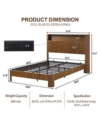 Streamdale Furniture Full Xl Bed Frame- Storage Headboard, Charging, Walnut