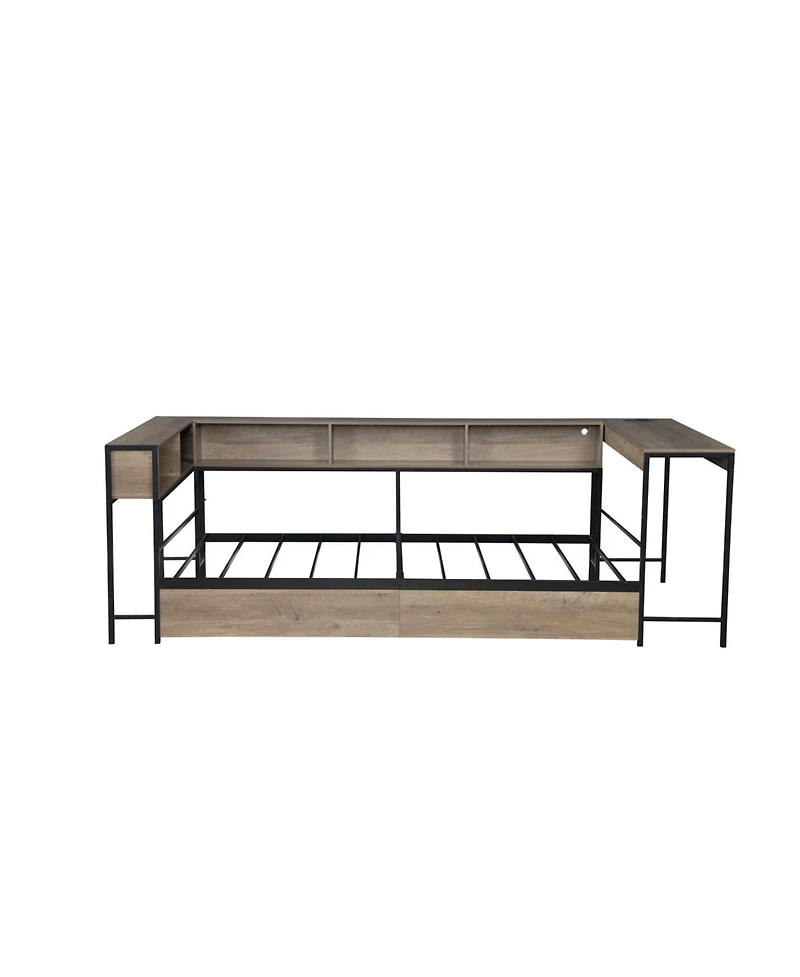 Streamdale Furniture Corner Bed Frame Twin with Bookcase, Drawers, Led, Charging, Grey