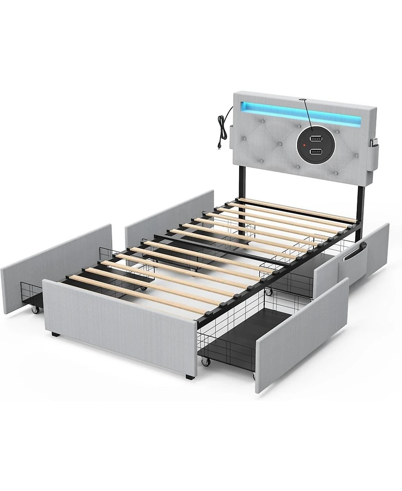 Streamdale Furniture Twin Bed Frame- Usb, Led, Headboard & 4 Storage Drawers