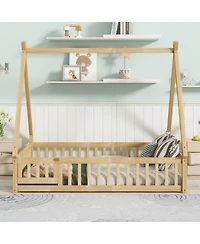 Streamdale Furniture Streamdale Rubber Wood Tent Floor Bed with Guardrails & Door