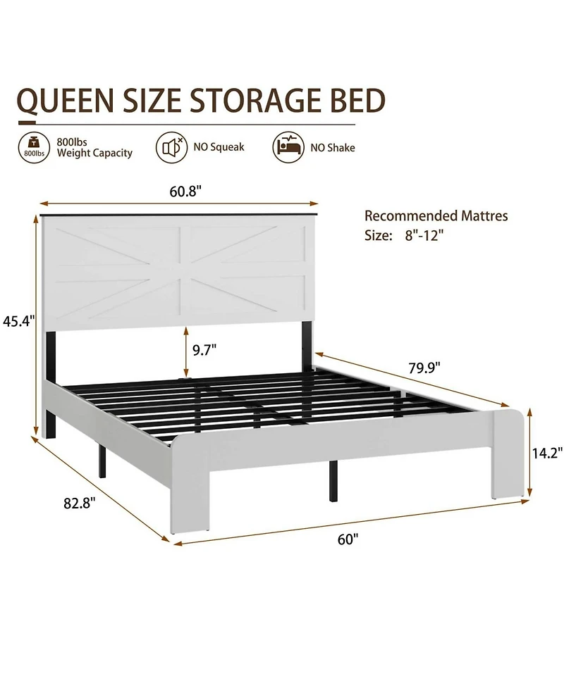 Streamdale Furniture Queen White Wood Platform Bed Frame, Headboard, Under Bed Storage