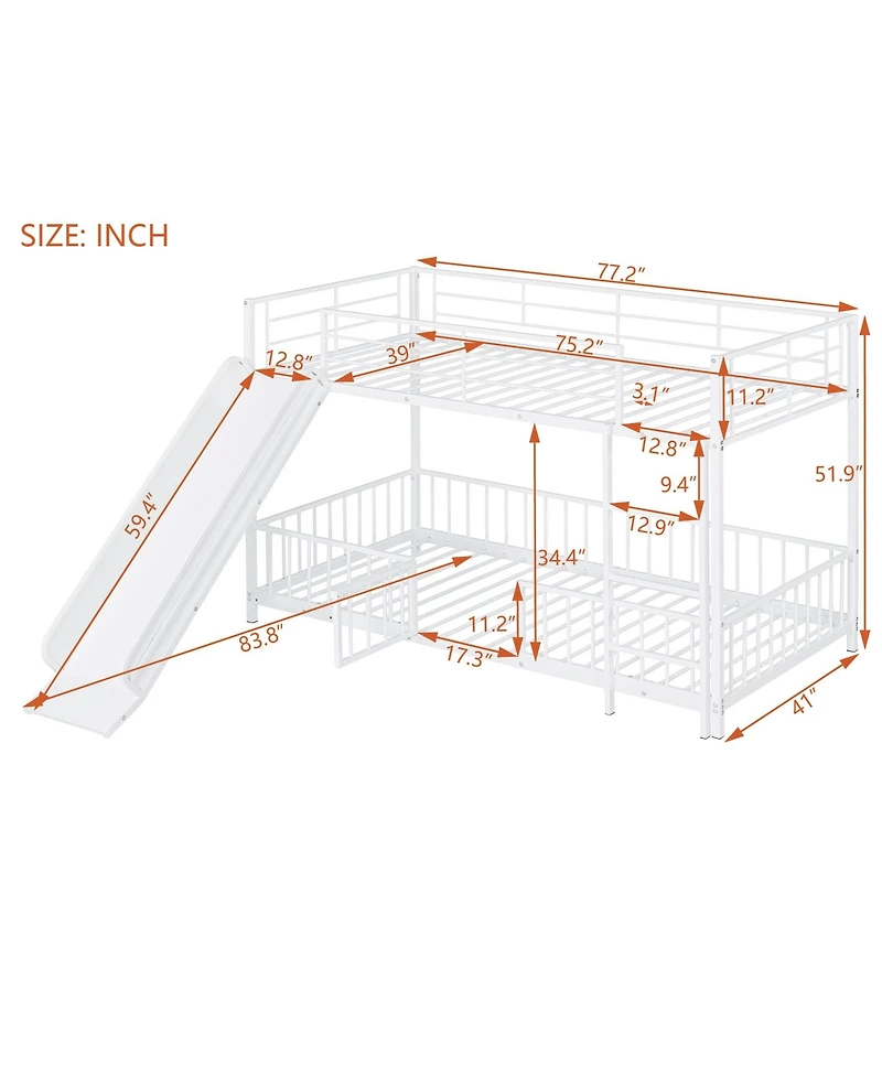 Simplie Fun Twin over Twin Size Metal Bunk Bed with Slide and Guardrails, Black