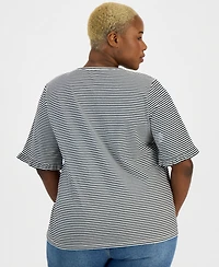 Jones New York Plus Striped Ruffle-Sleeve Tee