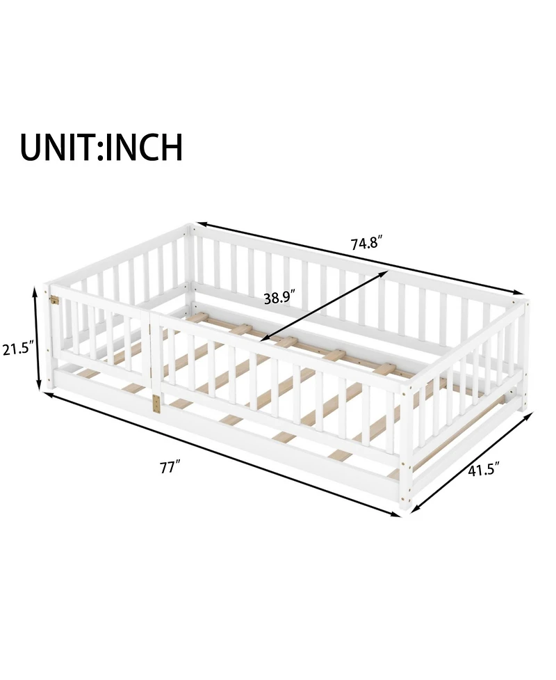 Streamdale Furniture Twin Floor Bed with Fence & Door (White