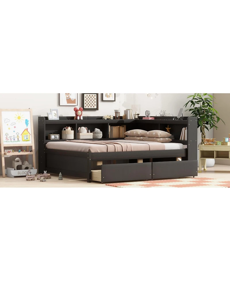 Streamdale Furniture L-Shaped Bed with Bookcase, Drawers, Usb & Power - Espresso
