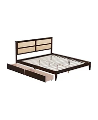 Streamdale Furniture King Bed Rattan Headboard, Storage Drawers, Espresso