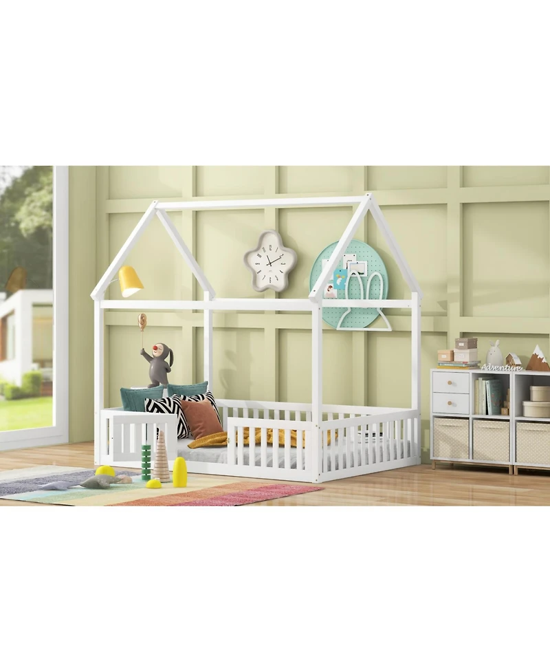 Streamdale Furniture Full Size Wood House Bed with Fence and Door