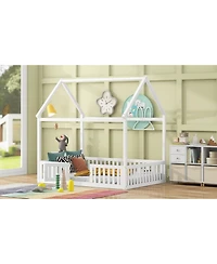 Streamdale Furniture Full Size Wood House Bed with Fence and Door