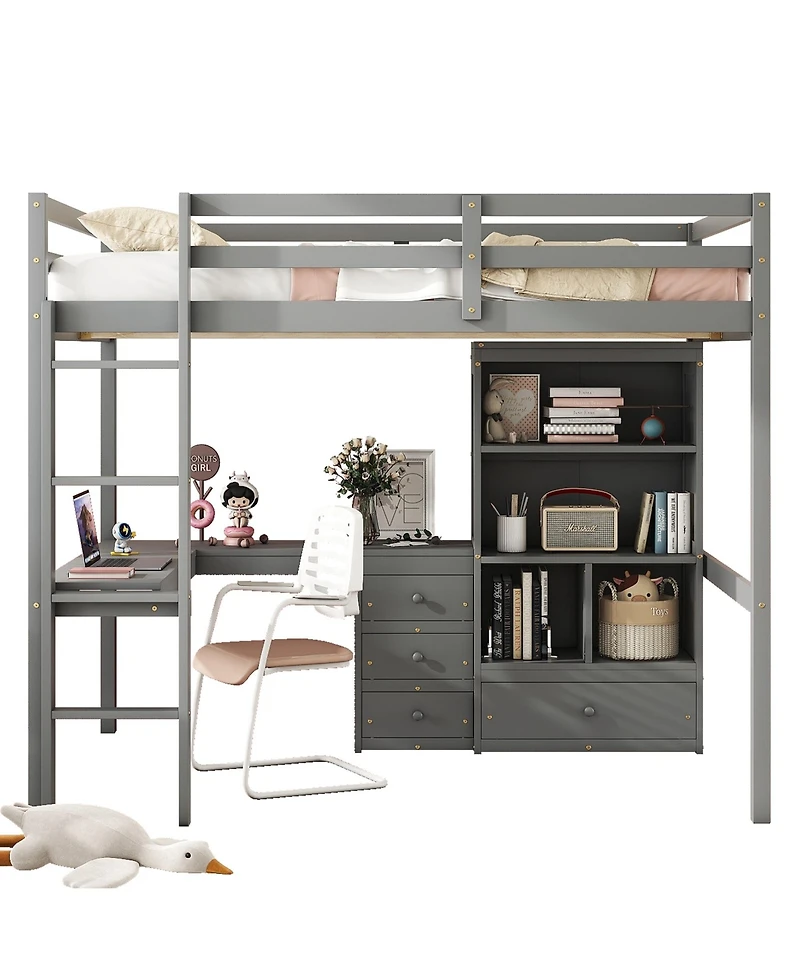 Streamdale Furniture High Loft Bed with Desk, Storage, Ladder, Grey