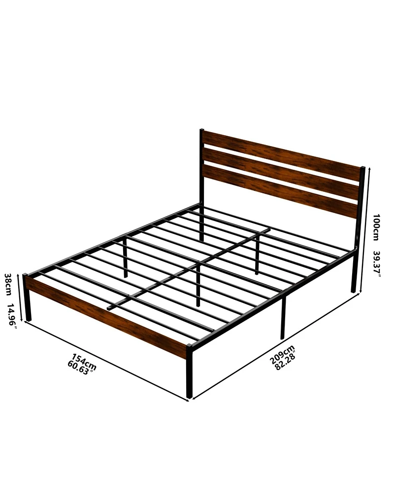 Streamdale Furniture Iron Platform Bed Frame with Rustic Wood Headboard & Footboard (Queen Size) - Brown