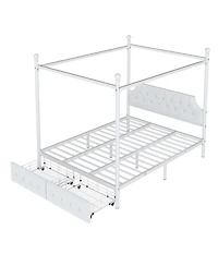 Streamdale Furniture Queen Size Metal Canopy Platform Bed with Upholstered Headboard and Two Storage Drawers