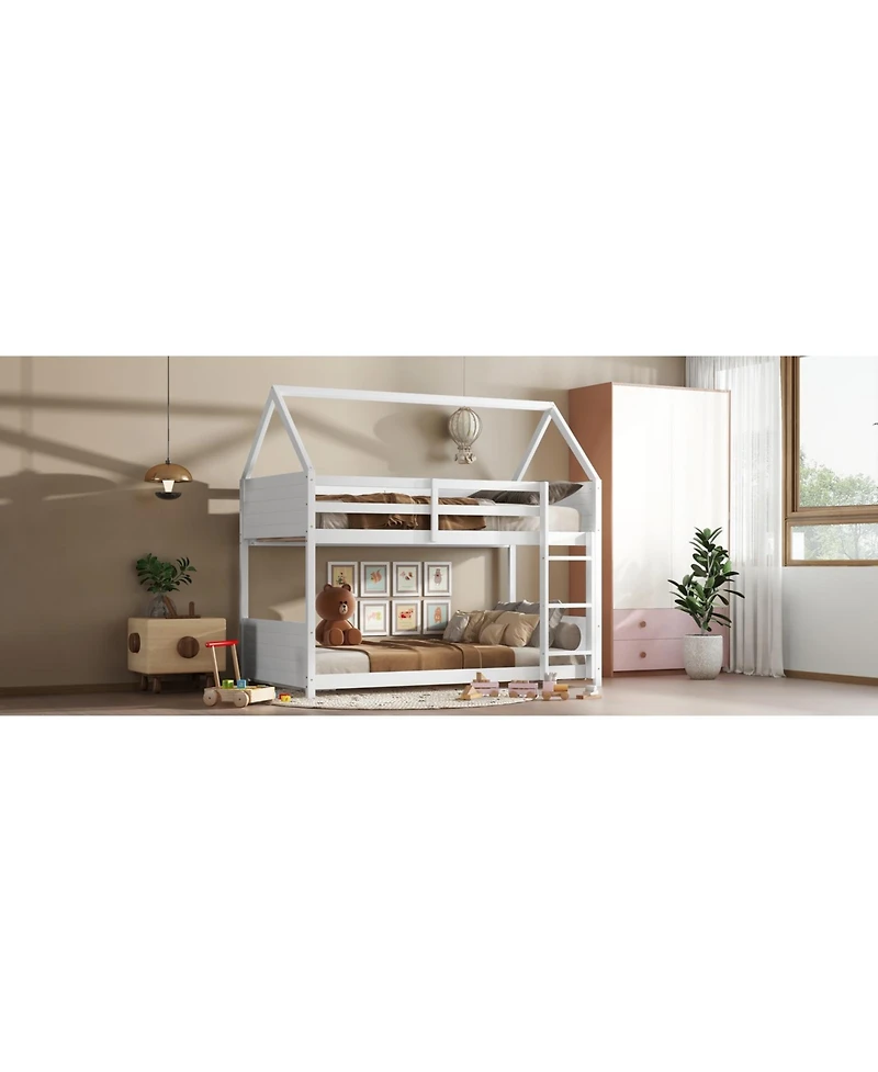 Streamdale Furniture White Twin Over Twin Bunk Bed with Ladder and Safety Rails