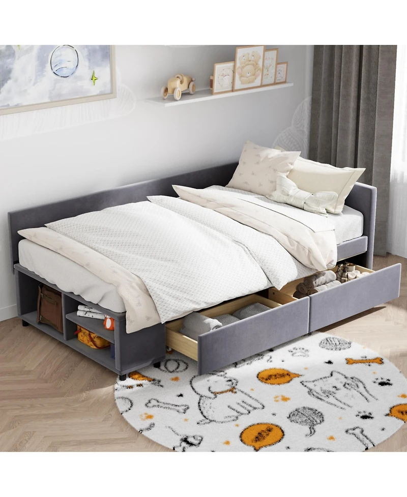 Streamdale Furniture Twin size L-Shaped Upholstered Platform Bed with Storage and Drawers