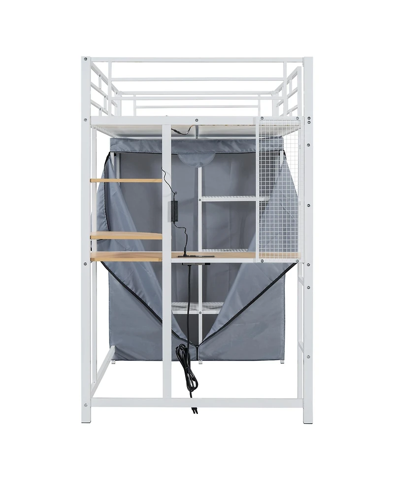 Streamdale Furniture Twin Size Loft Metal Bed with Desk,Shelves,Power Outlet,Led Light and Wardrobe