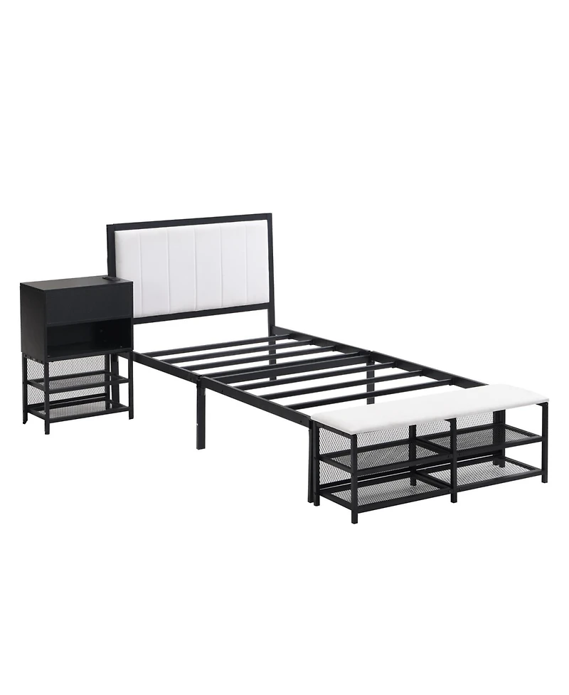 Streamdale Furniture Twin size Metal Platform Bed with Two-Tier Storage Shelves, Wooden Storage Cabinet