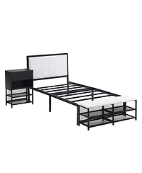 Streamdale Furniture Twin size Metal Platform Bed with Two-Tier Storage Shelves, Wooden Storage Cabinet