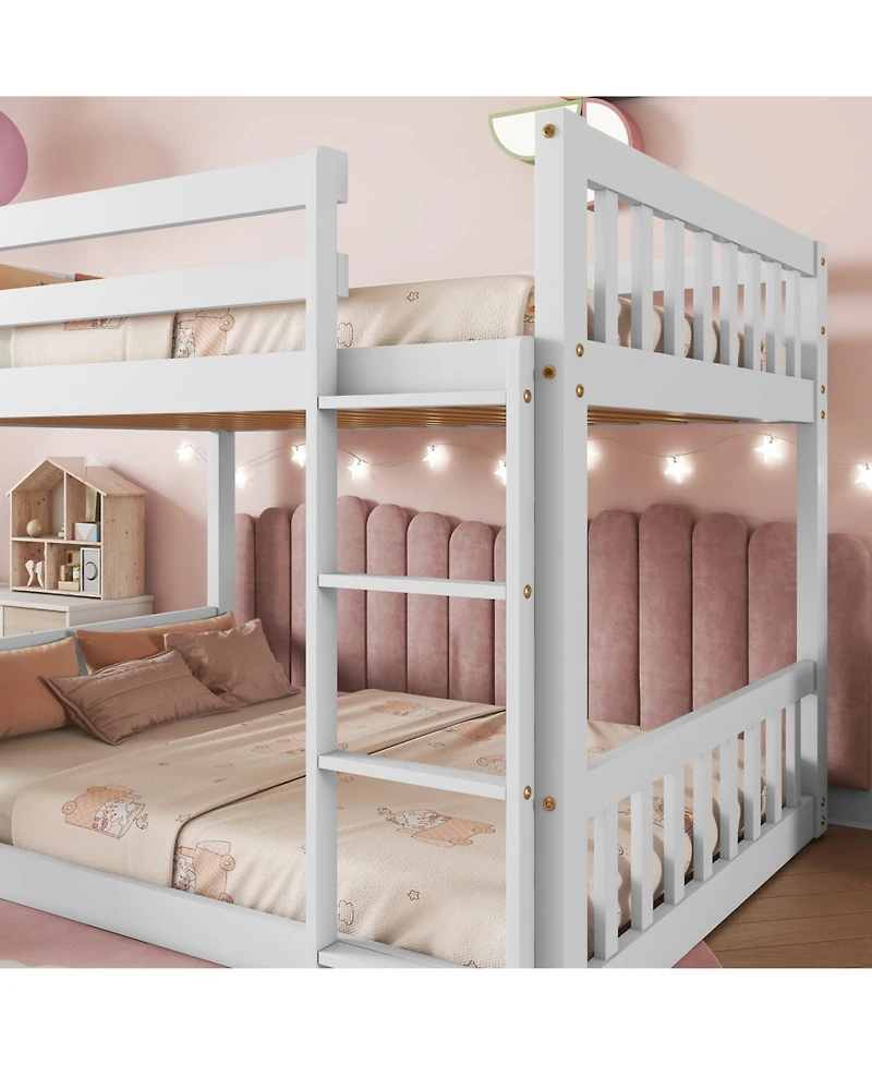 Streamdale Furniture Twin Over Twin Floor Bunk Bed, Playhouse Floor Bunk Bed with Climbing Ramp, Ladder, Safety Guardrails,White