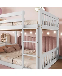 Streamdale Furniture Twin Over Twin Floor Bunk Bed, Playhouse Floor Bunk Bed with Climbing Ramp, Ladder, Safety Guardrails,White