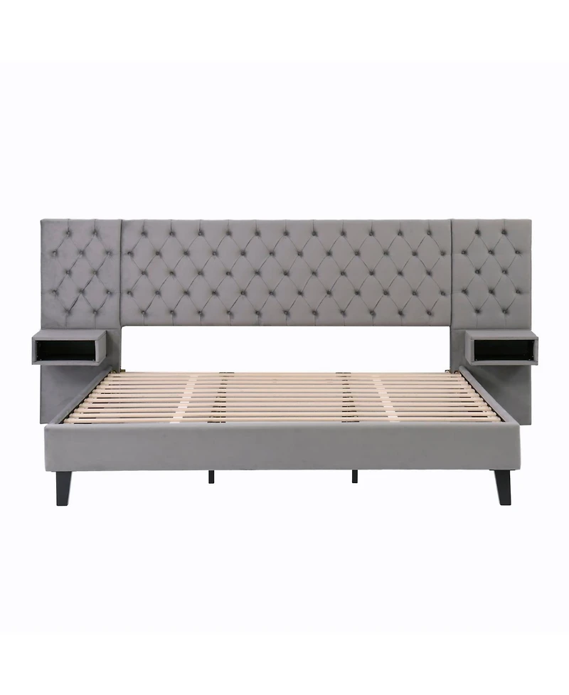 Streamdale Furniture Streamdale Grey Velvet Platform Bed with Headboard, 2 Nightstands & Diamond Tufting