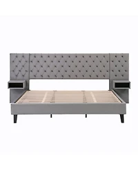 Streamdale Furniture Streamdale Grey Velvet Platform Bed with Headboard, 2 Nightstands & Diamond Tufting