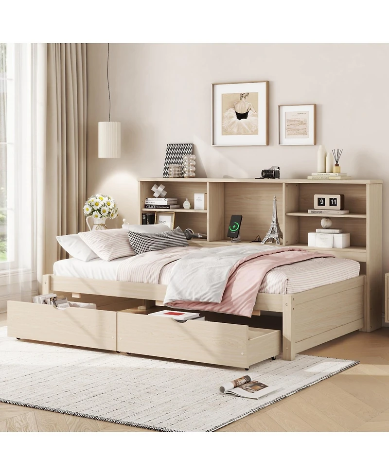 Streamdale Furniture Twin Size Bed Frame With Side Bookshelves, Two Drawers, And Built-in Usb Port