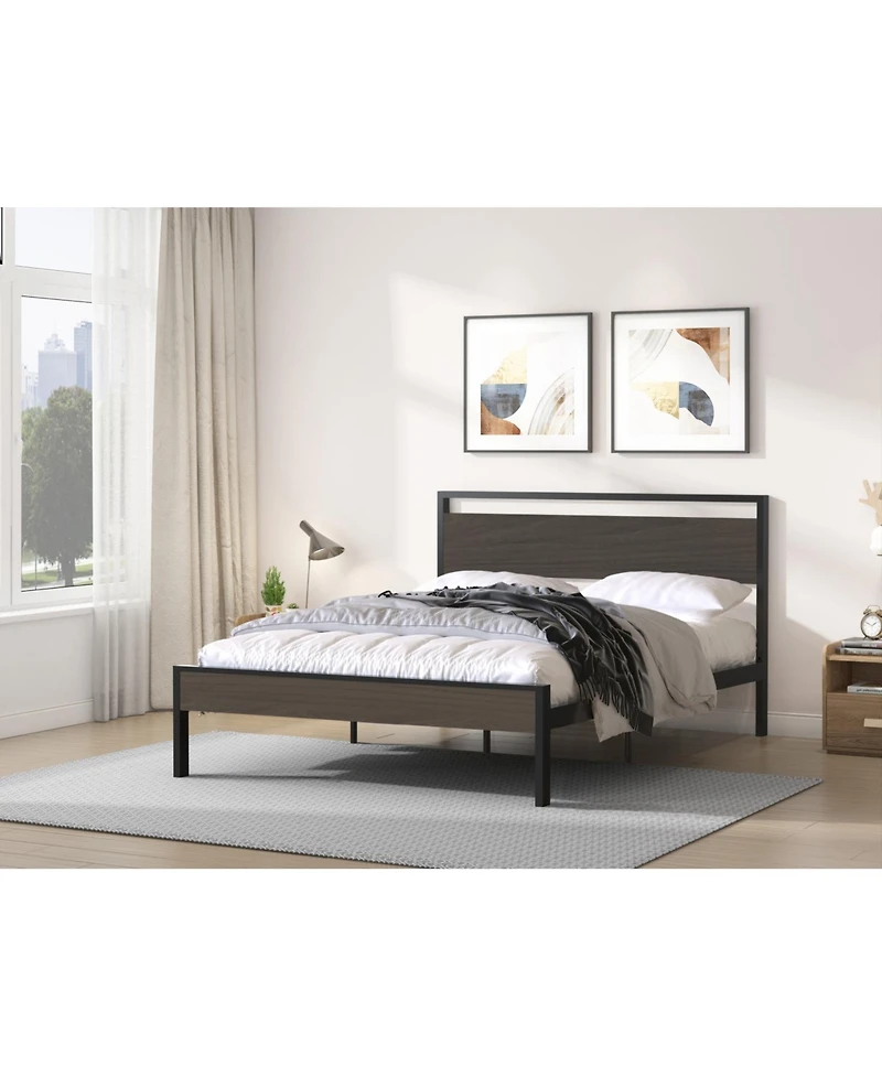 Streamdale Furniture Ceres Metal Bed with Walnut Wood Headboard&Footboard Queen