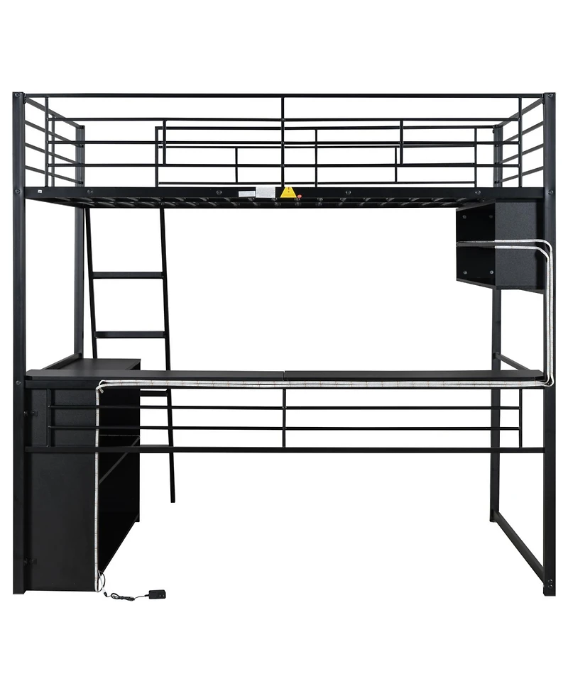 Streamdale Furniture Full Size Metal Loft Bed with Led Desk and 4 Storage Shelves Black