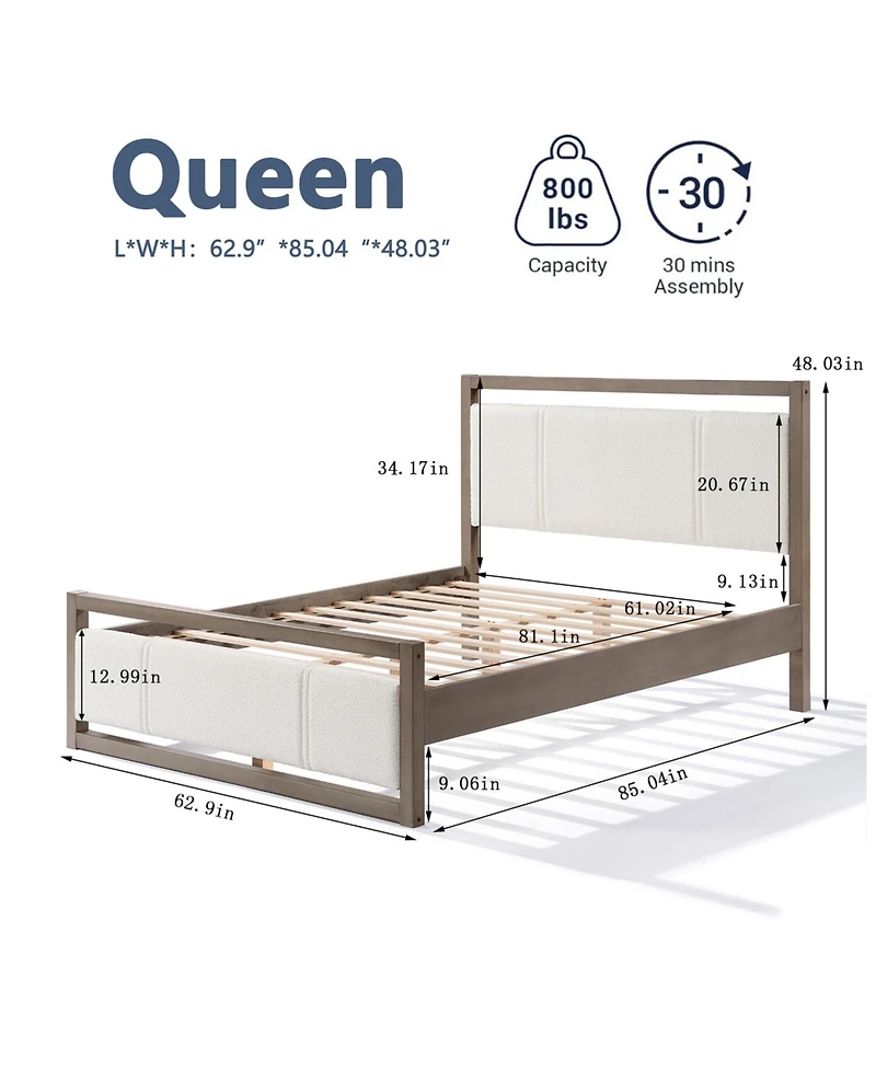Streamdale Furniture Queen Bed with Boucle Fabric Headboard Wood Frame