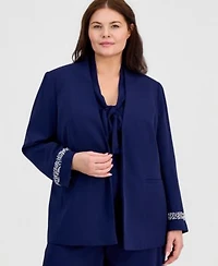 Kasper Plus Size Collarless Open Front Jacket High Rise Wide Leg Pull On Pants