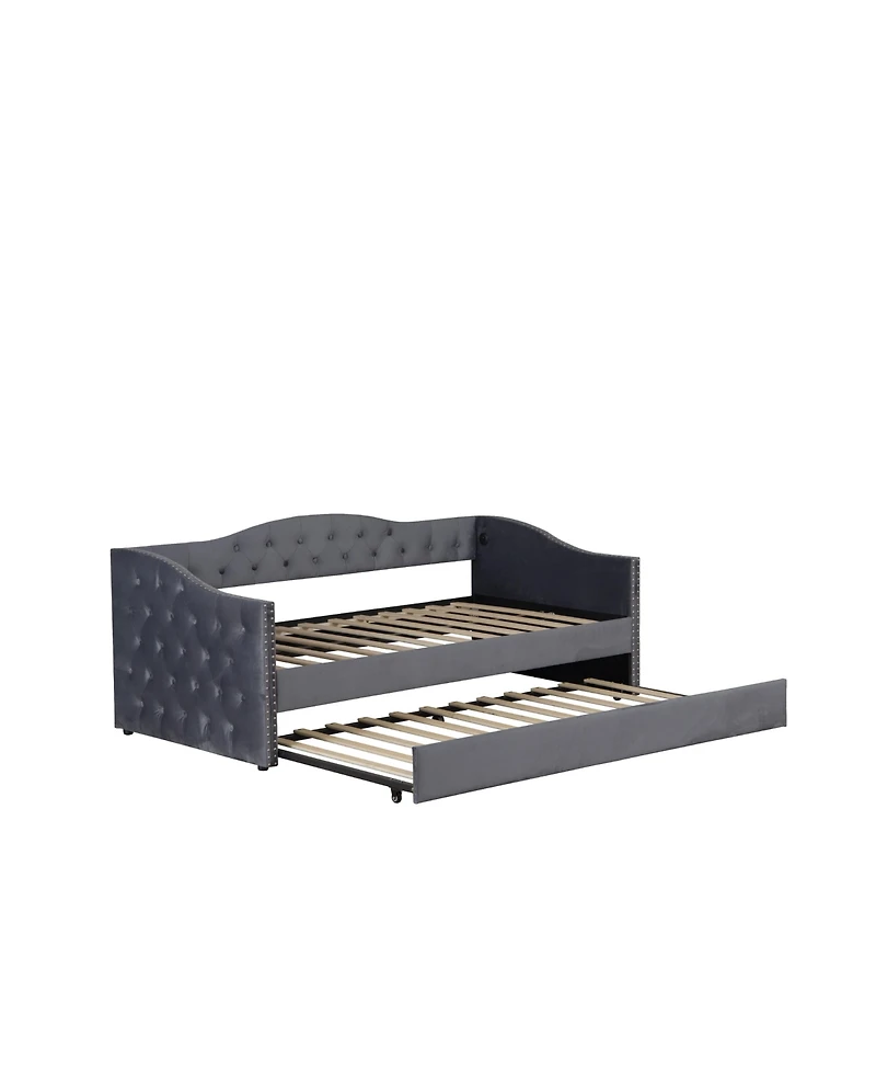 Streamdale Furniture Twin Upholstered Daybed with Trundle, Usb, Velvet