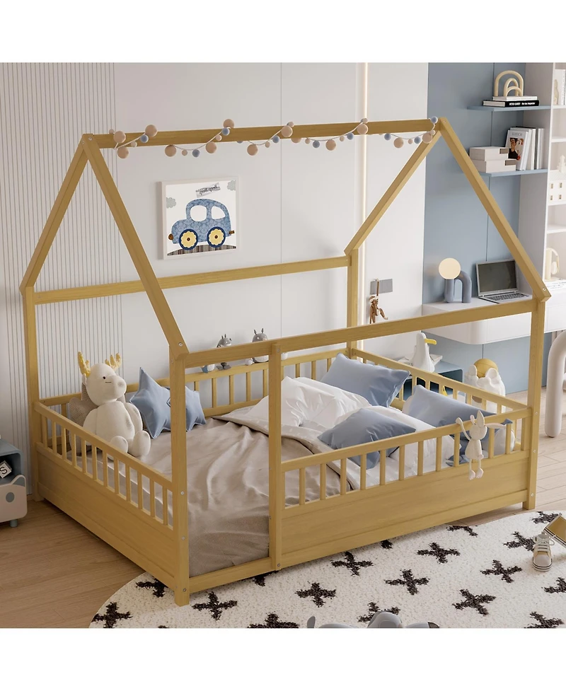 Streamdale Furniture Wooden House Bed with Fence (Full, Natural)