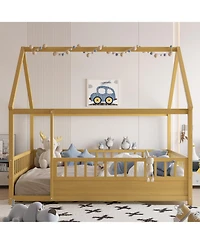 Streamdale Furniture Wooden House Bed with Fence (Full, Natural)