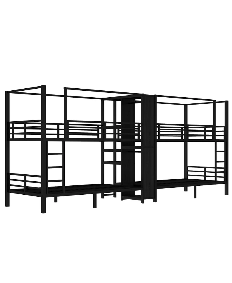 Streamdale Furniture Twin Quad Metal Bunk Bed w/ Storage & Wardrobe - Black
