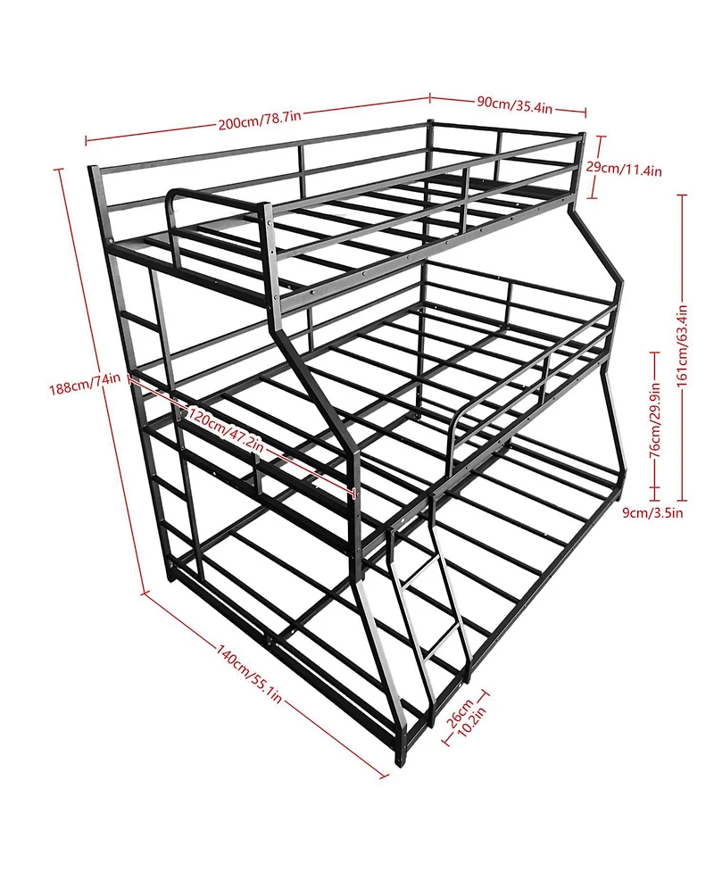 Streamdale Furniture Triple Bed with Ladders & Guardrails - Easy Assembly - Black
