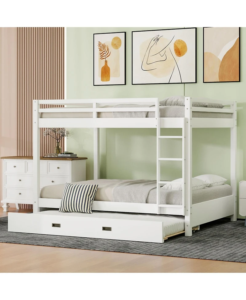 Streamdale Furniture Wood Queen Size Bunk Bed with Ladder and Trundle, White