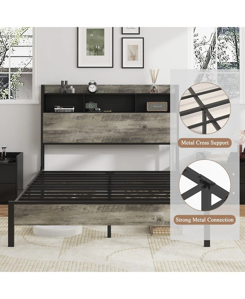 Streamdale Wooden Platform Bed Frame with Storage & Usb - Antique Gray