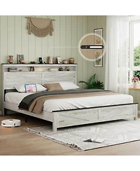 Streamdale Furniture King White Bed- Wood Headboard & Hidden Storage (No Box Spring)