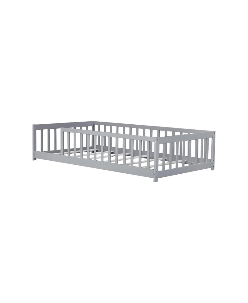 Streamdale Furniture Twin Floor Bed with Fence, Rubber Wood, Grey