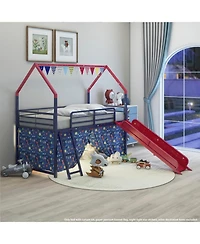 Streamdale Furniture Jack Metal Twin Loft Bed w/ Slide & Curtain - Navy/Red