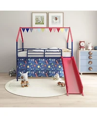 Streamdale Furniture Jack Metal Twin Loft Bed w/ Slide & Curtain - Navy/Red