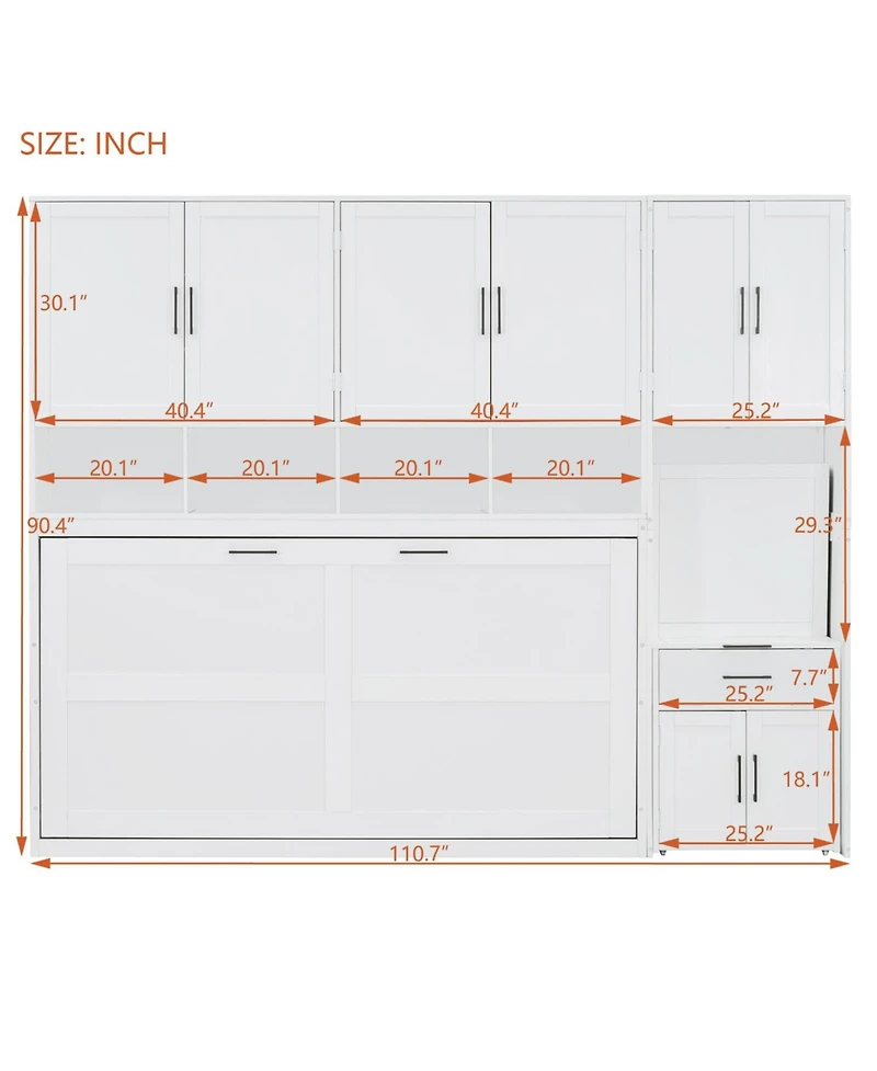 Streamdale Furniture Twin Size Murphy Bed Wall Bed with Closet , Drawers & Desk-White
