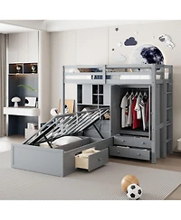 Streamdale Furniture Twin Bunk Bed with Drawers, Wardrobe, Storage Shelves and Hydraulic Bed,Gray