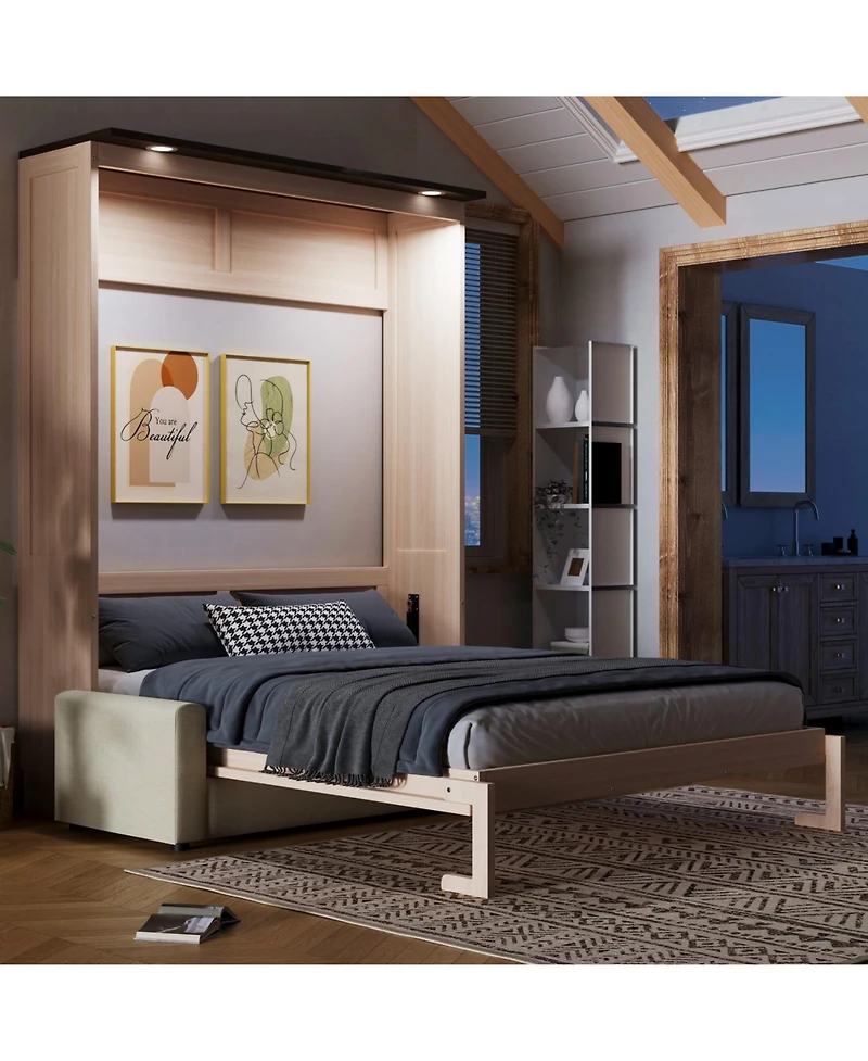 Streamdale Furniture Queen Size Murphy Bed with Sofa and Led, Beige