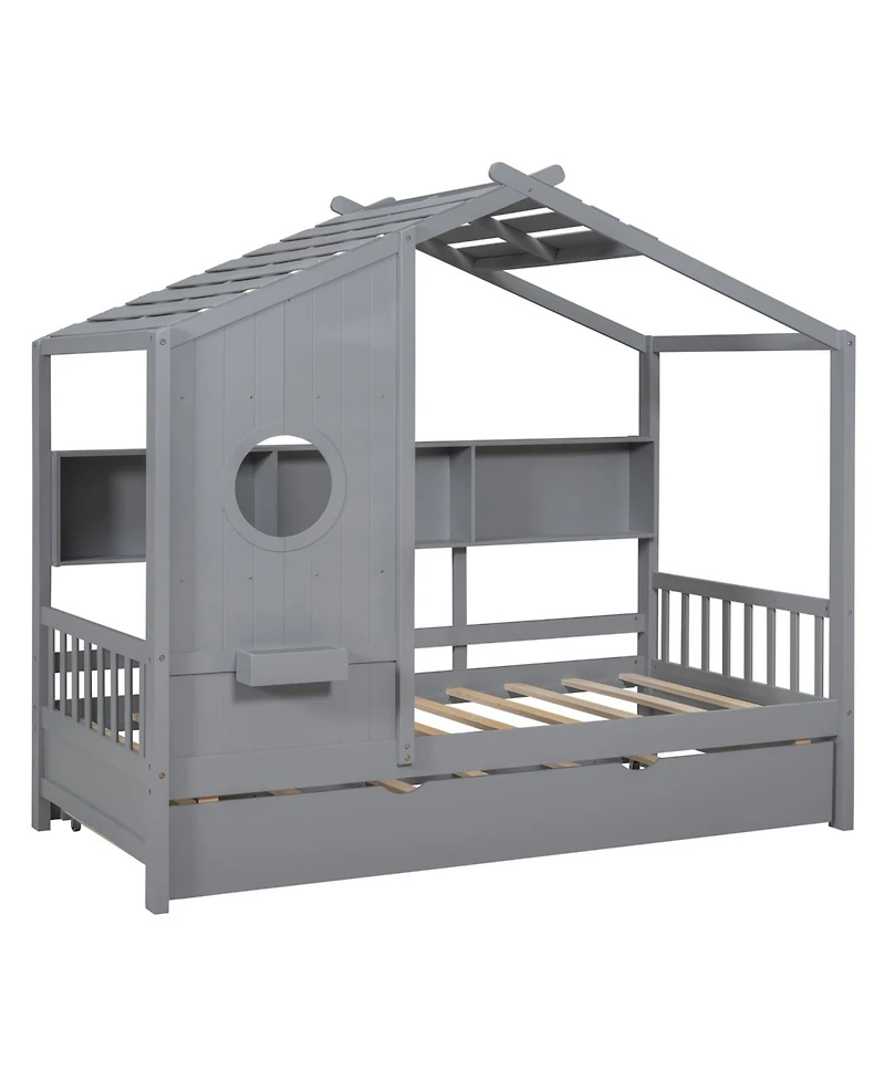 Streamdale Furniture Wooden Twin House Bed with Trundle & Shelf - Gray