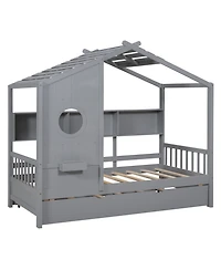Streamdale Furniture Wooden Twin House Bed with Trundle & Shelf - Gray
