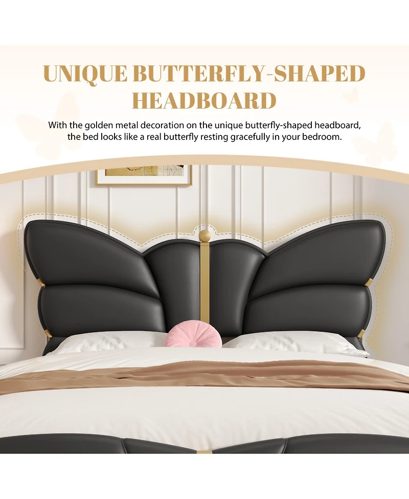 Streamdale Furniture Queen Upholstered Bed Frame, Butterfly Headboard, Gold Accents